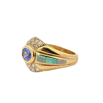 14K Yellow Gold Tanzanite, Opal, & Diamond Ring