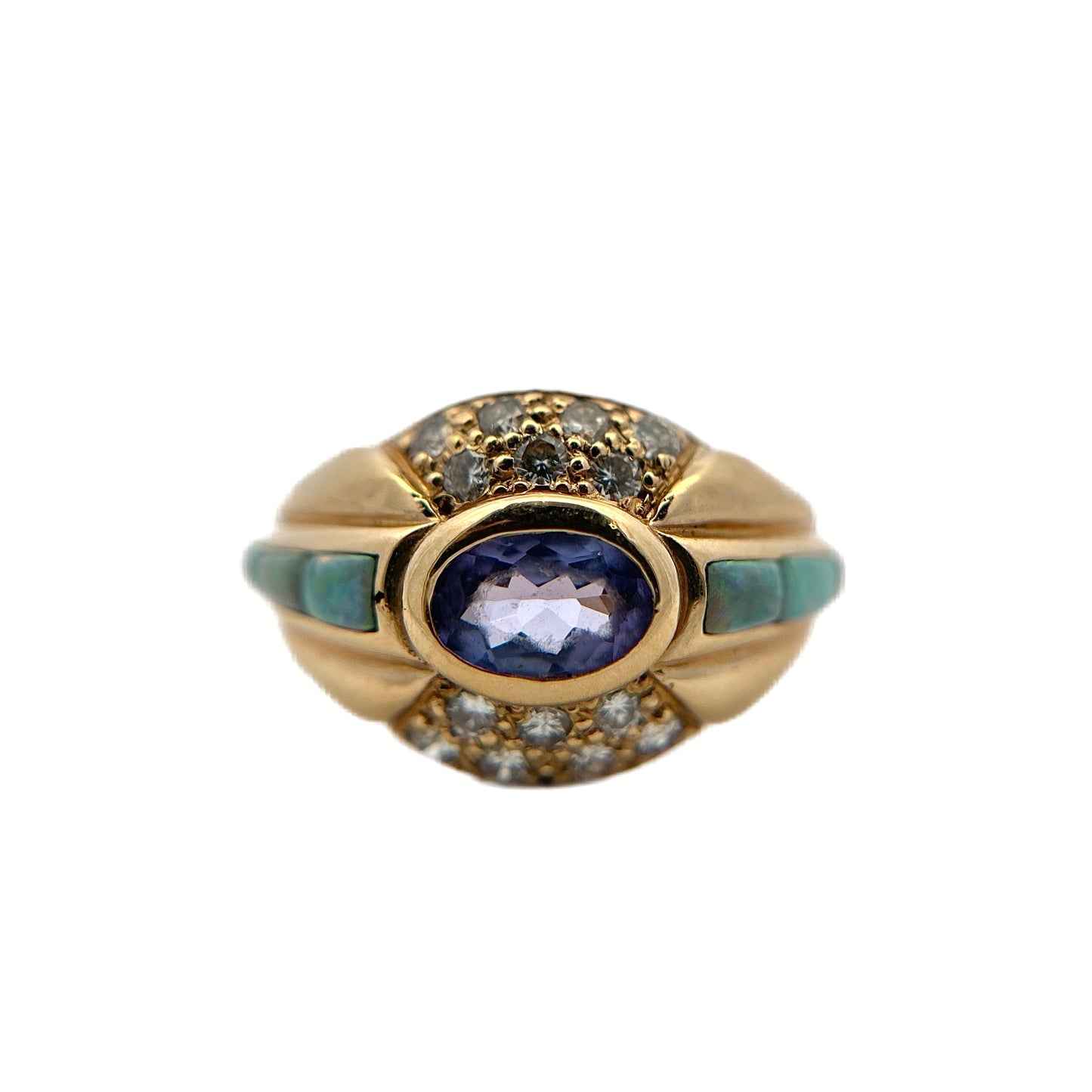 14K Yellow Gold Tanzanite, Opal, & Diamond Ring