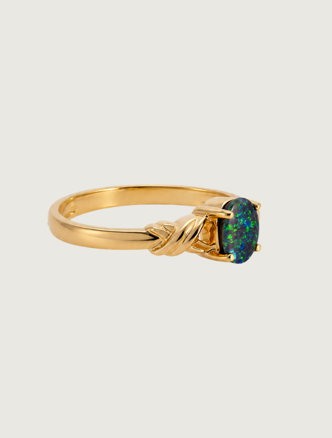 14K yellow gold opal X-wrap ring, side view