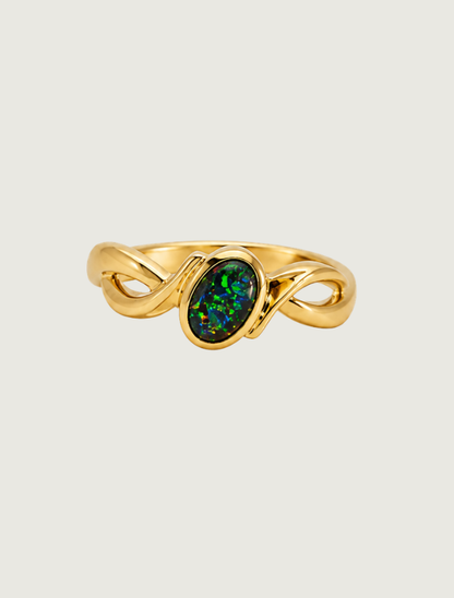 14K yellow gold opal infinity ring, front view