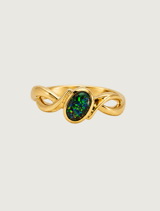 14K yellow gold opal infinity ring, front view