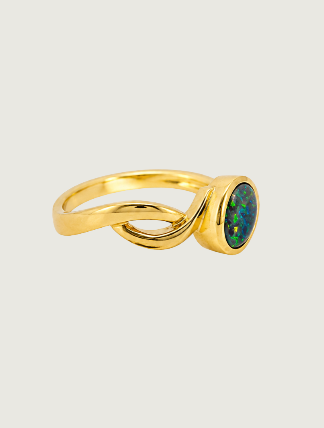 14K yellow gold opal infinity ring, side view