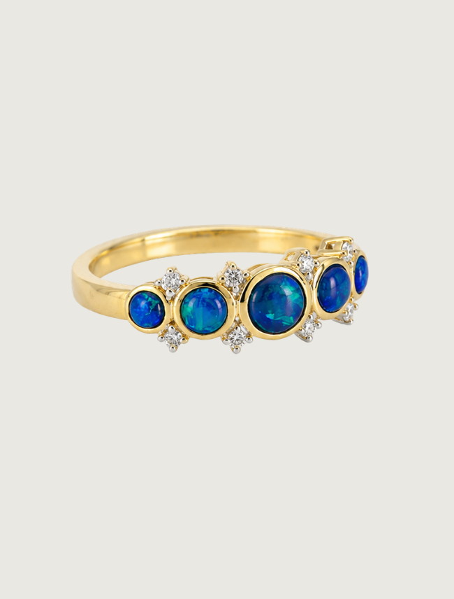 14K yellow gold five-stone opal and diamond ring, side view