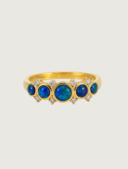 14K yellow gold five-stone opal and diamond ring, front view