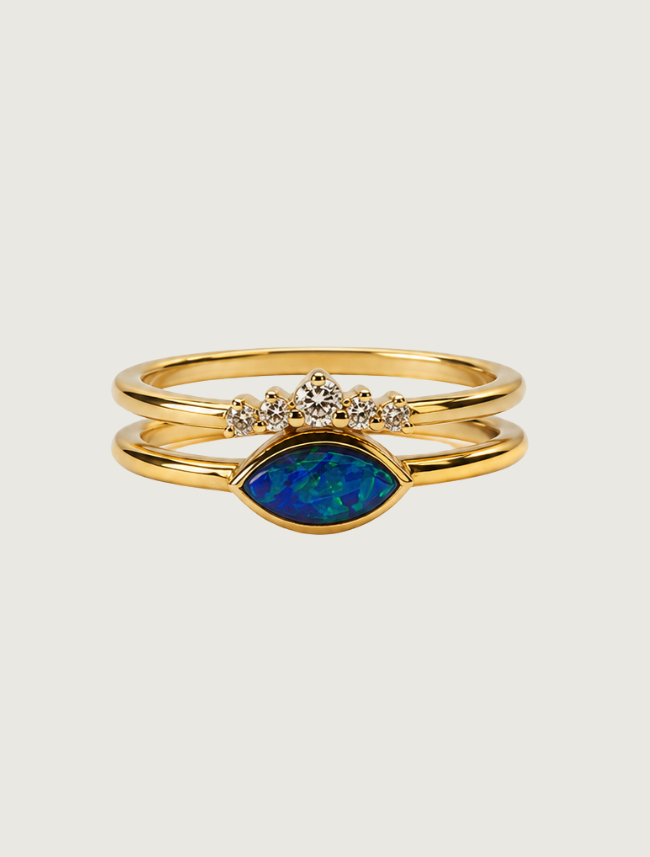 14K yellow gold double band ring with marquise opal and diamond accents