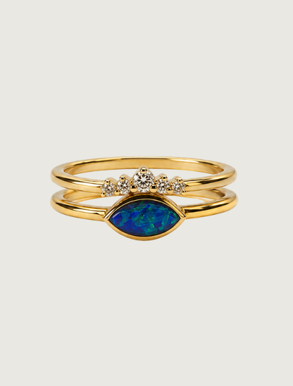 14K yellow gold double band ring with marquise opal and diamond accents