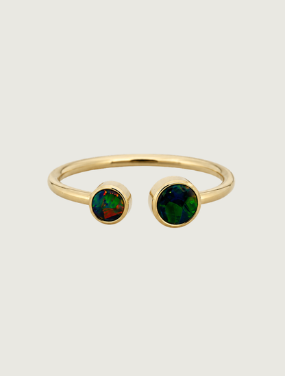 14K yellow gold two-stone opal open ring, front view