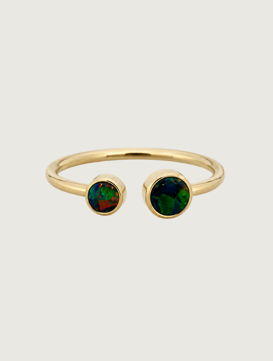 14K yellow gold two-stone opal open ring, front view