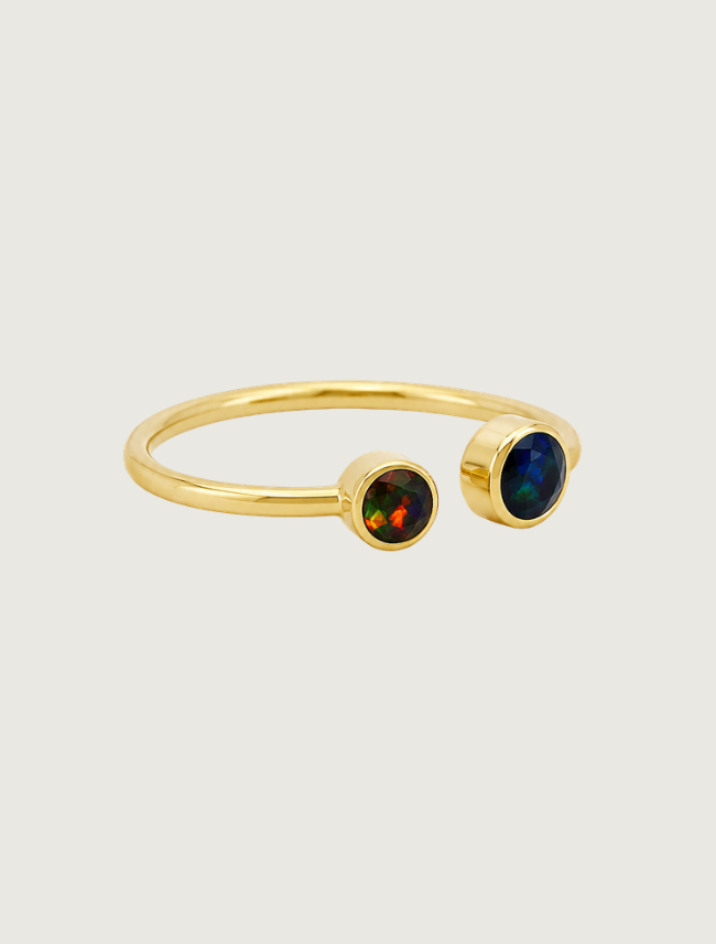 14K yellow gold two-stone opal open ring, side view