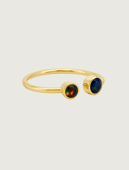 14K yellow gold two-stone opal open ring, side view