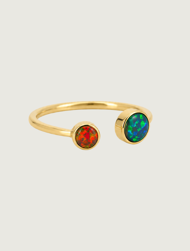 14K yellow gold two-stone opal open ring, side view