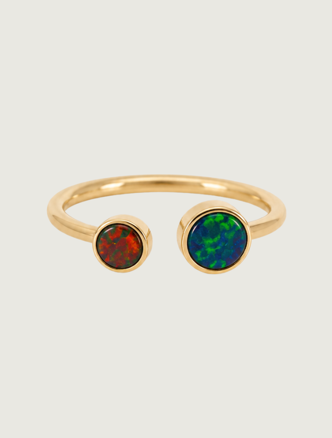 14K yellow gold two-stone opal open ring, front view