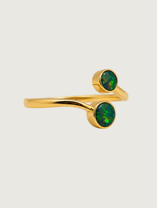 14K yellow gold double opal bypass ring, side view