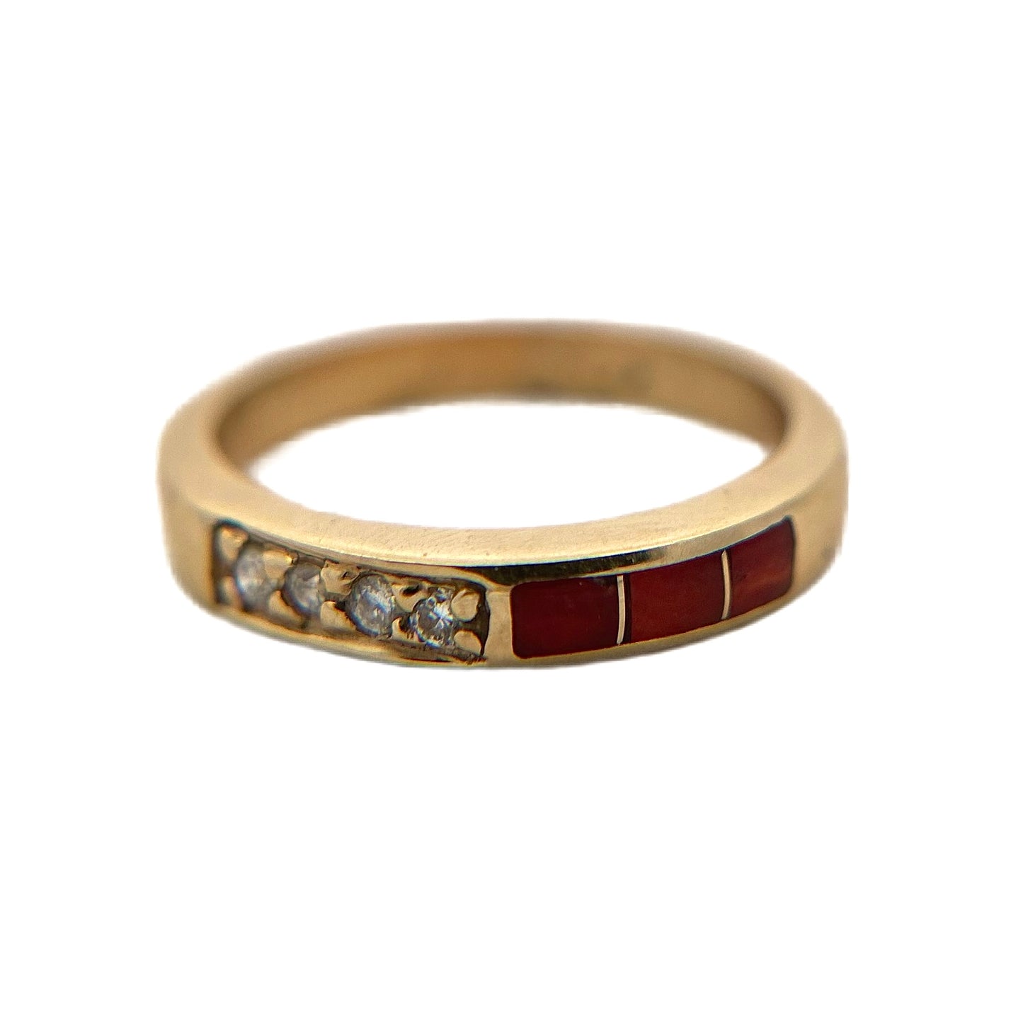 14K Yellow Gold Diamond & Red Coral Ring