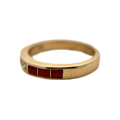 14K Yellow Gold Diamond & Red Coral Ring