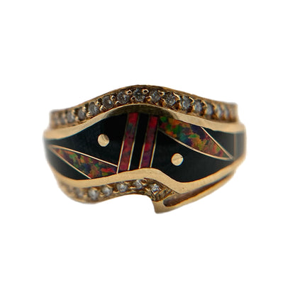 14K Yellow Gold Diamond, Black Jade, & Fire Opal Ring