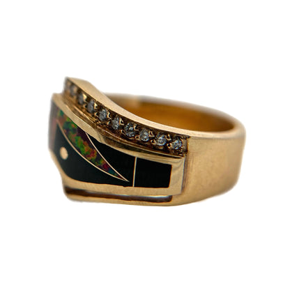 14K Yellow Gold Diamond, Black Jade, & Fire Opal Ring