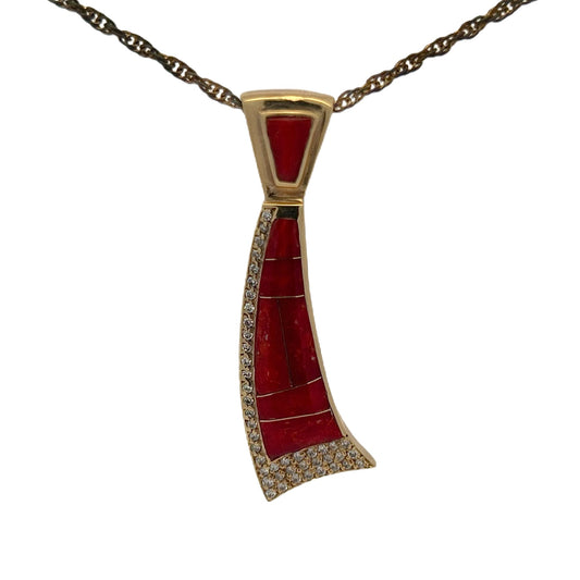 14K Yellow Gold Red Coral & Diamond Pendant