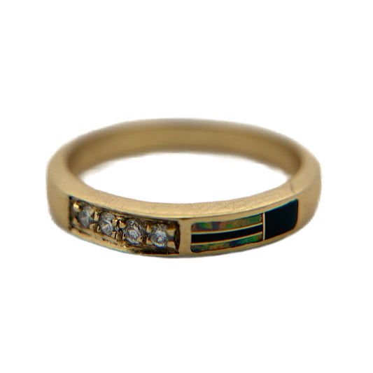 14K Yellow Gold Diamond, Black Jade, & Fire Opal Ring