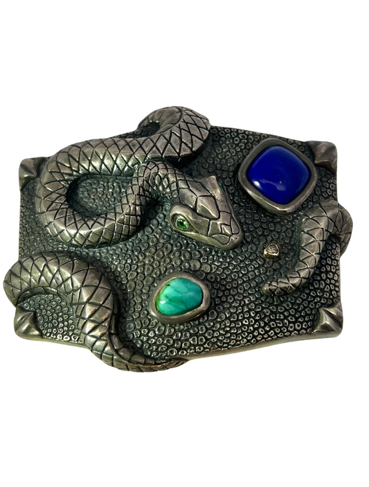 Front view of J. Deegan Sterling Silver Turquoise & Lapis Snake Belt Buckle