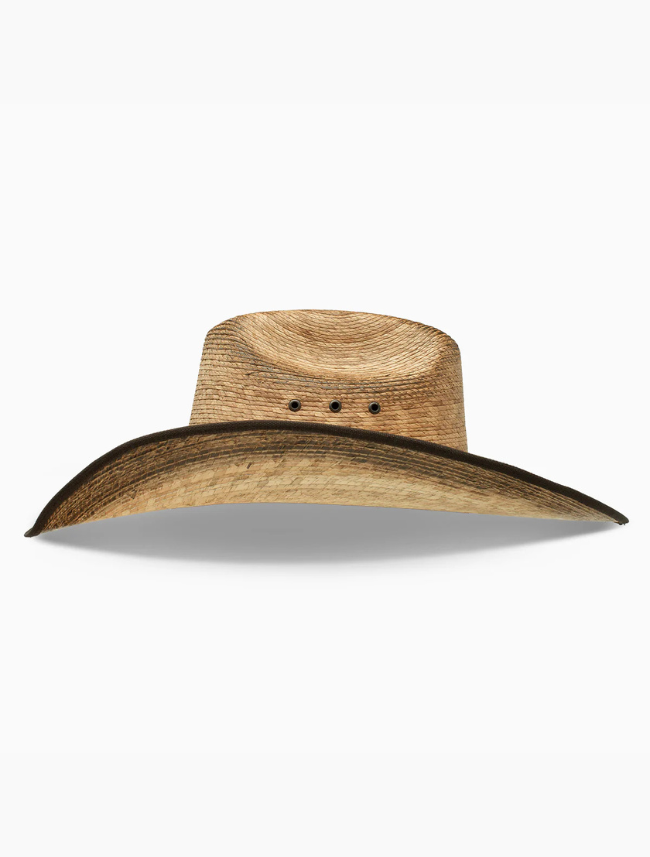 Brown, wide-brimmed straw hat on a white background