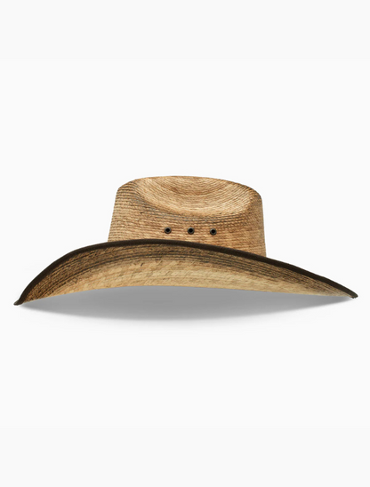 Brown, wide-brimmed straw hat on a white background