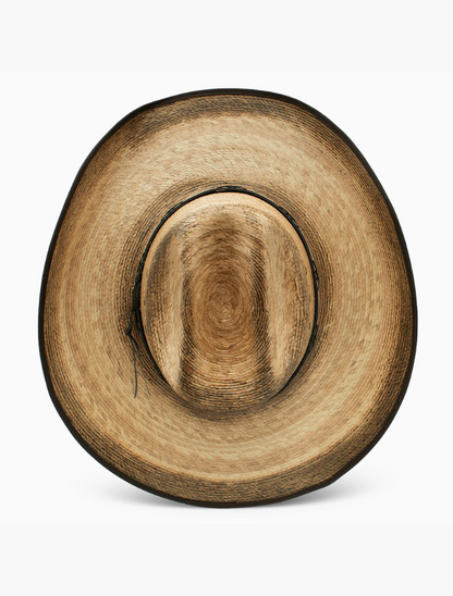 Top-down view of a brown, wide-brimmed straw hat on a white background