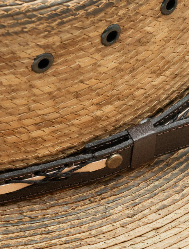 Close-up of a woven straw hat with a leather band and metal buckle.