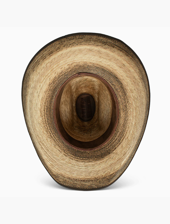 Brown, wide-brimmed straw hat on a white background