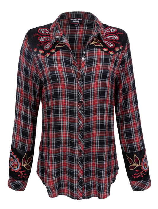 A red, black, and white plaid shirt with intricate floral and paisley embroidered details and puffed sleeves, buttoned at the neck.