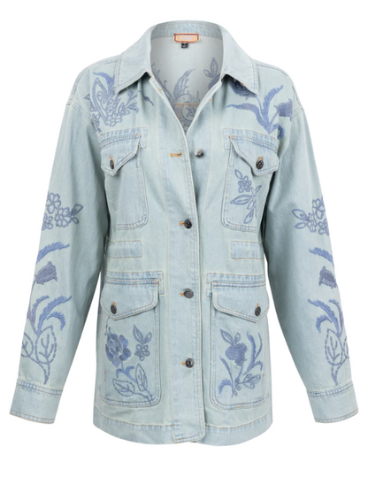 Light blue denim jacket with floral embroidery on a white background