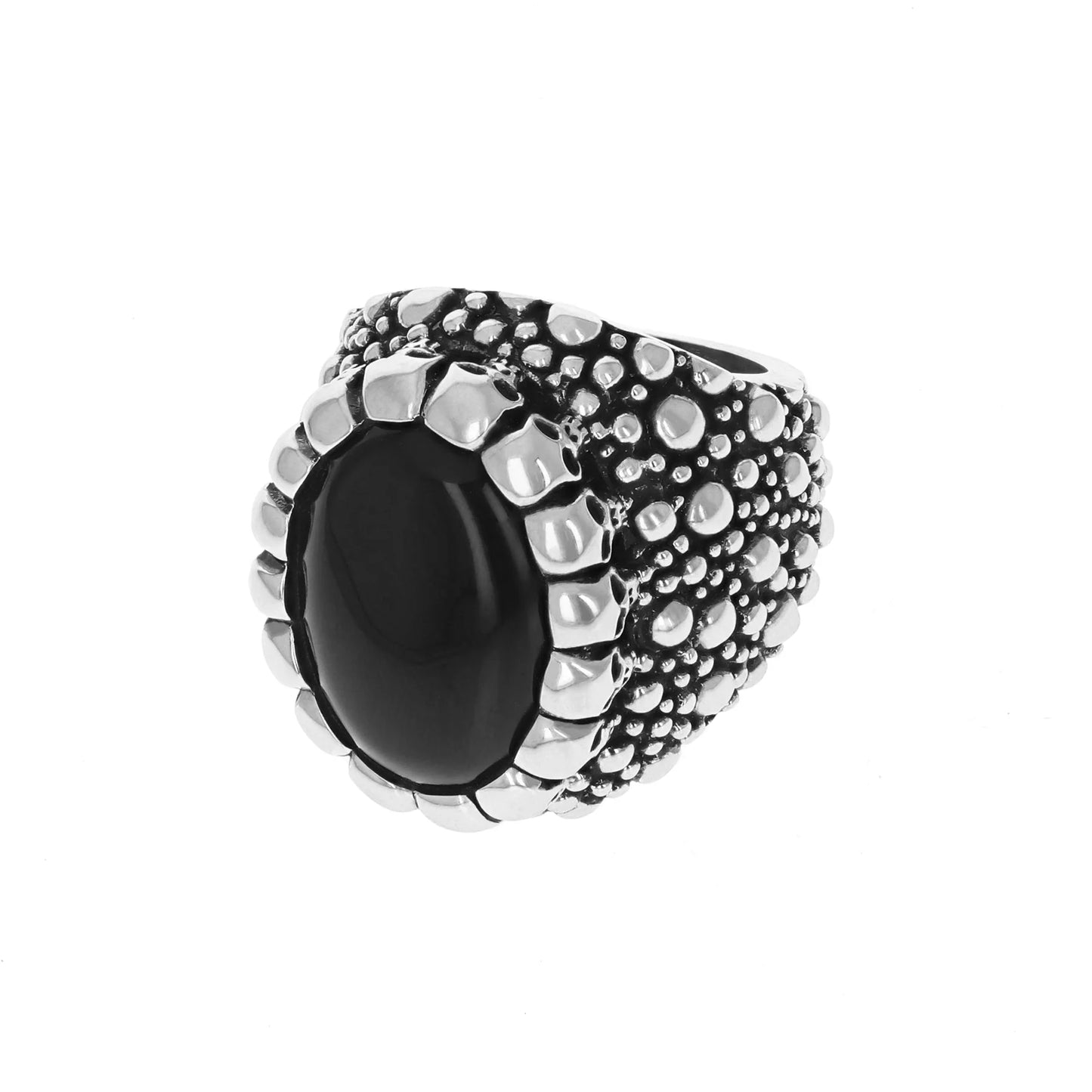 King Baby Stingray Texture Ring with Onyx Cabochon in Skull Bezel, 12.5