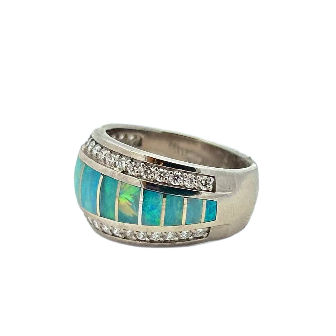 14K White Gold Opal Inlay & Diamond Ring