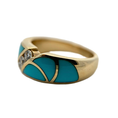 14K Yellow Gold Sleeping Beauty Turquoise & Diamond Ring