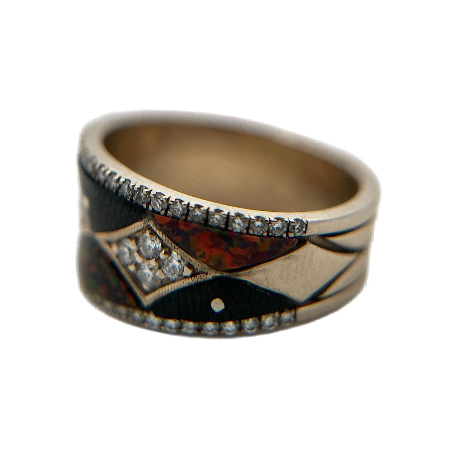 14K Yellow Gold Diamond, Black Jade, & Red Opal Ring