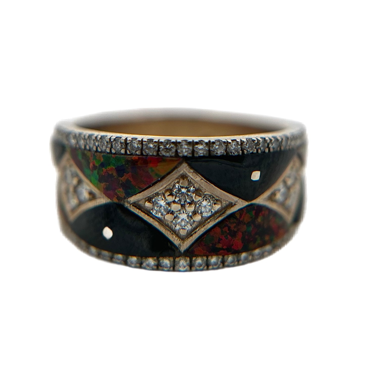 14K Yellow Gold Diamond, Black Jade, & Red Opal Ring