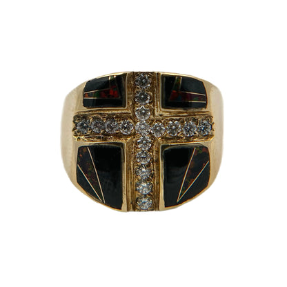 14K Yellow Gold Diamond, Black Jade, & Red Opal Ring