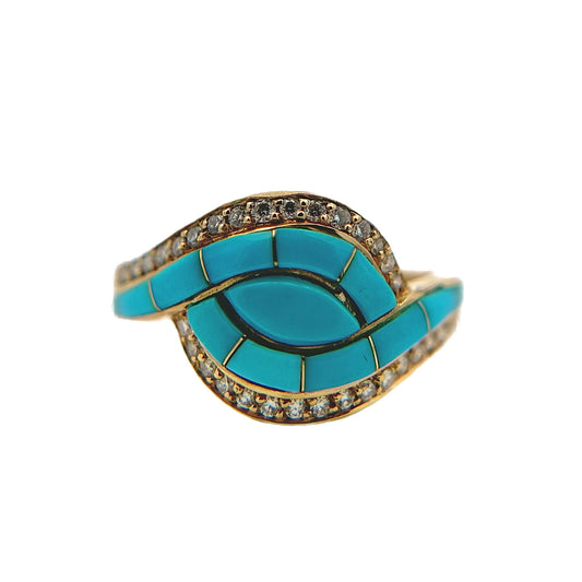 14K Yellow Gold Sleeping Beauty Turquoise & Diamond Ring