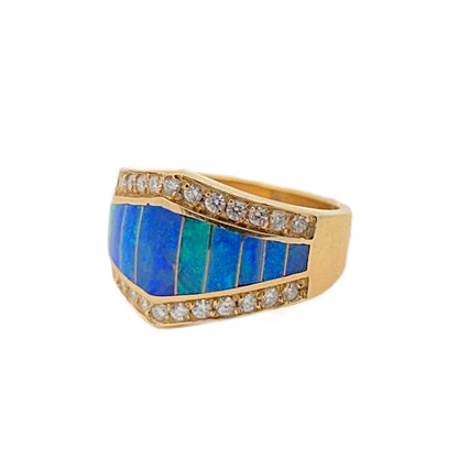 14K Yellow Gold Blue Opal & Diamond Ring