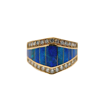 14K Yellow Gold Blue Opal & Diamond Ring