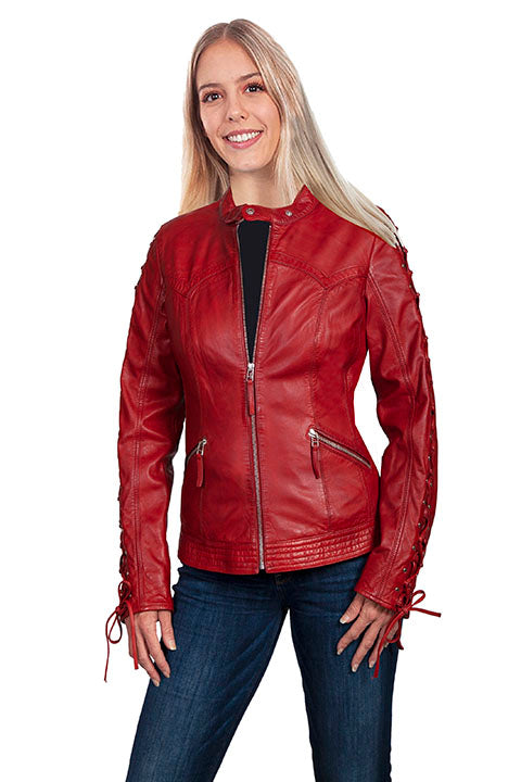 Mavericks Red Lamb Leather Laced Sleeve Jacket