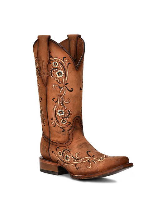 Corral Women's Sand Floral Embroidery Brown Square Toe Cowboy Boots