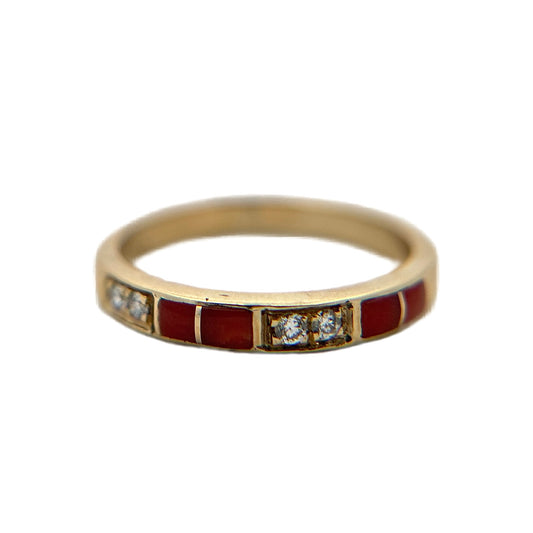 14K Yellow Gold Diamond & Red Coral Ring