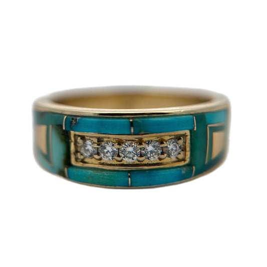 14K Yellow Gold Carico Lake Turquoise & Diamond Ring