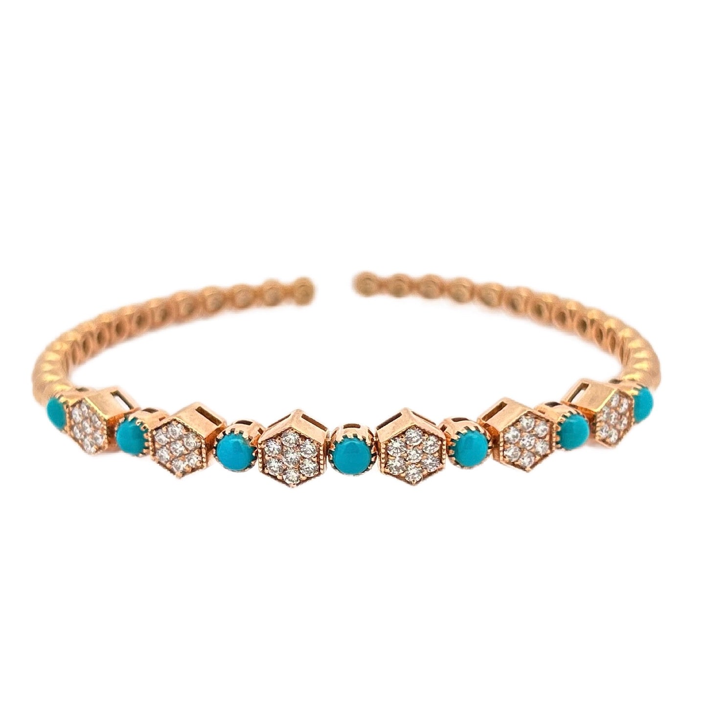 18K Rose Gold Sleeping Beauty Turquoise & Diamond Honeycomb Cuff Bracelet