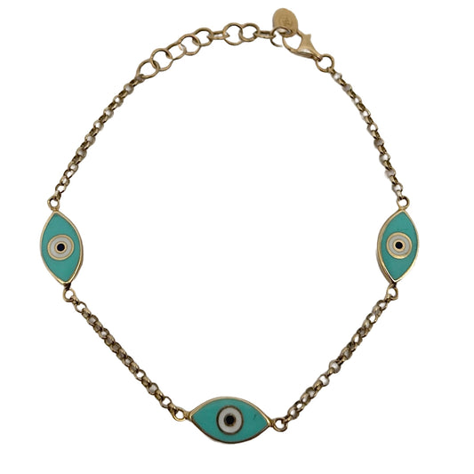 18K Yellow Gold Blue Enamel Evil Eye Bracelet