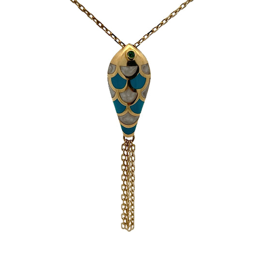 18K Yellow Gold White & Blue Enamel Fish Necklace