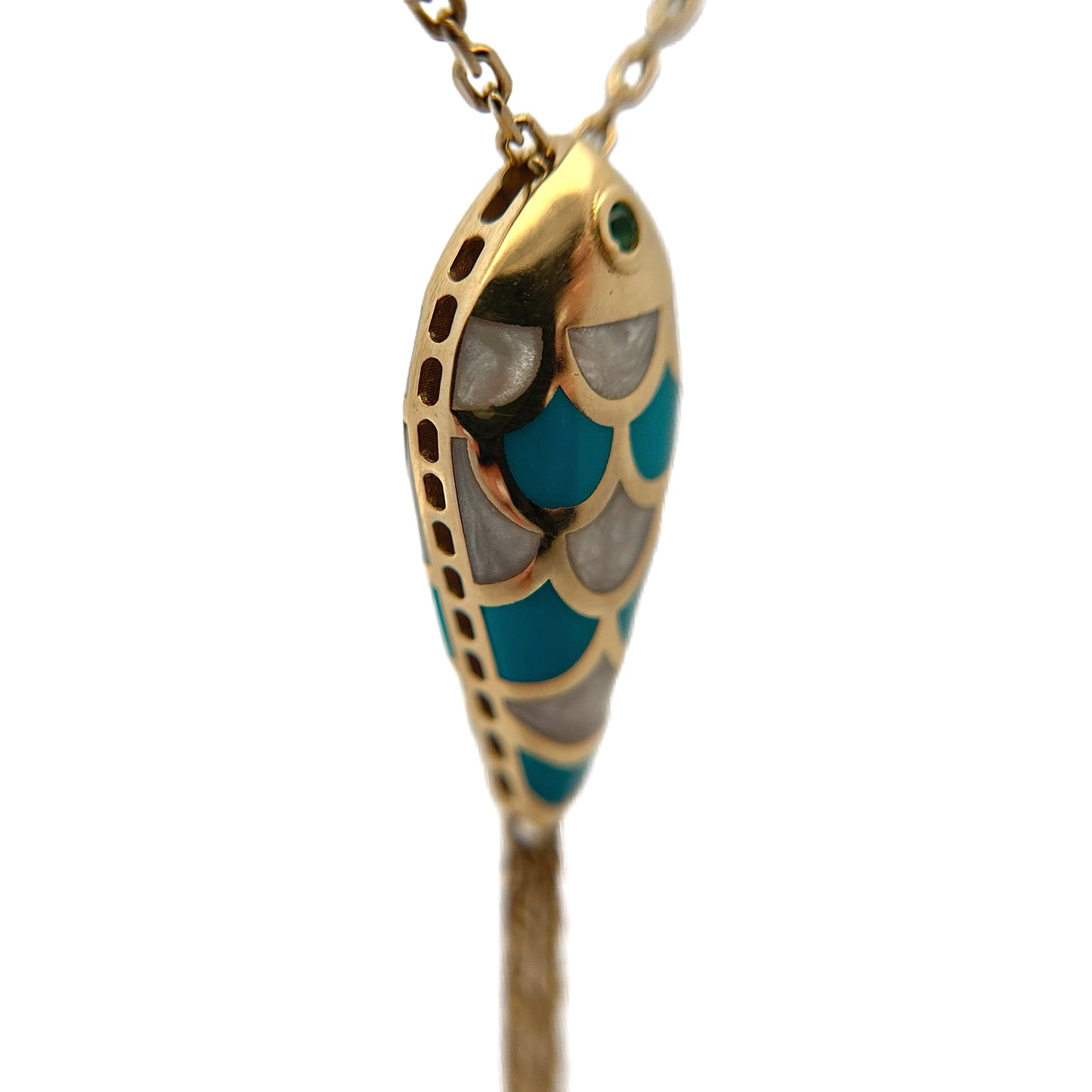 18K Yellow Gold White & Blue Enamel Fish Necklace