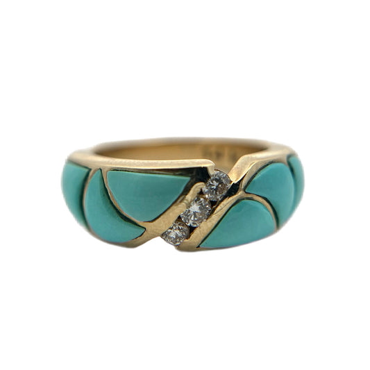 14K Yellow Gold Sleeping Beauty Turquoise & Diamond Ring