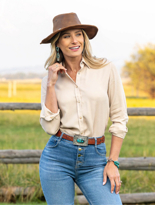 Shot of Madison Creek Claire Solid Western Shirt on model